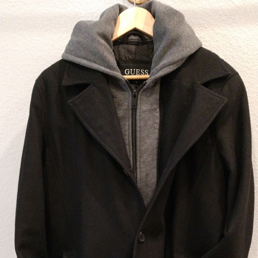 Guess Black Pea Coat with Grey Hoodie Attachment